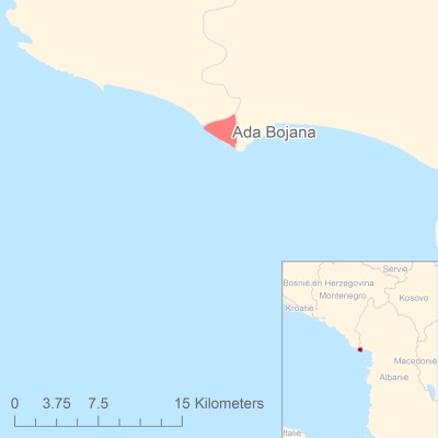 Ligging van het eiland Ada Bojana in Europa