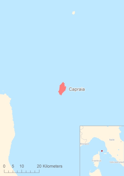 Ligging van het eiland Capraia in Europa