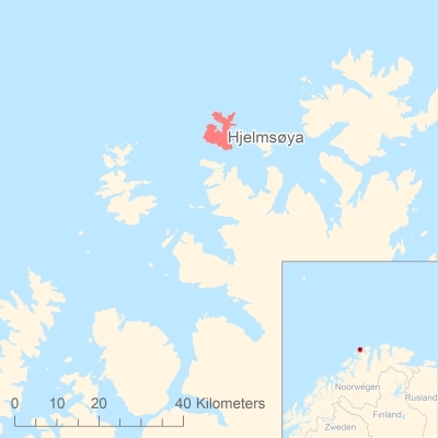 Ligging van het eiland Hjelmsøya in Europa