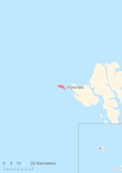 Ligging van het eiland Mykines in Europa