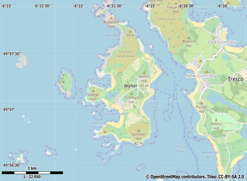 Bryher plattegrond kaart