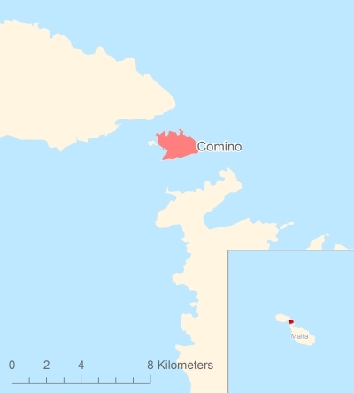 Ligging van het eiland Comino in Europa