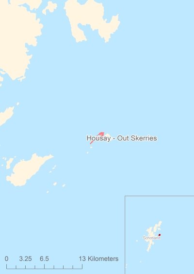 Ligging van het eiland Housay - Out Skerries in Europa