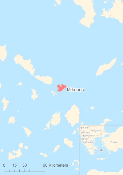 Ligging van het eiland Mikonos in Europa