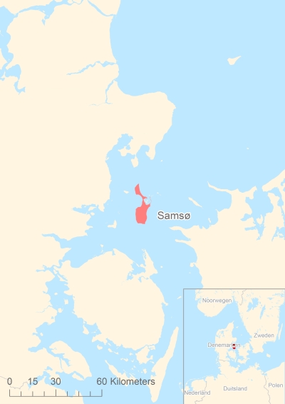 Ligging van het eiland Samsø in Europa