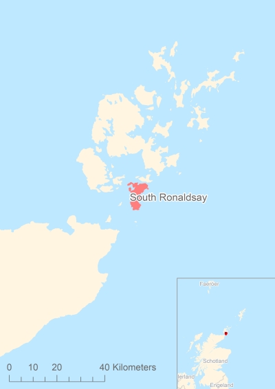 Ligging van het eiland South Ronaldsay in Europa