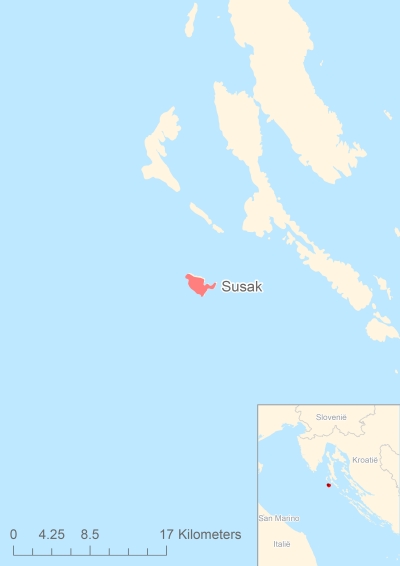 Ligging van het eiland Susak in Europa