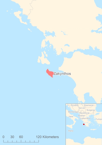 Ligging van het eiland Zakynthos in Europa